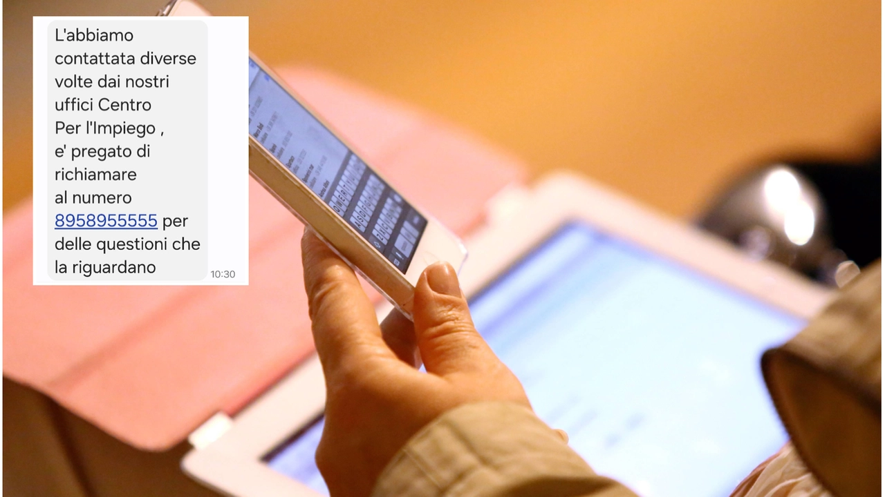 Nel riquadro il testo del falso sms proveniente dal centro per l’impiego Nel riquadro il testo del falso sms proveniente dal centro per l’impiego