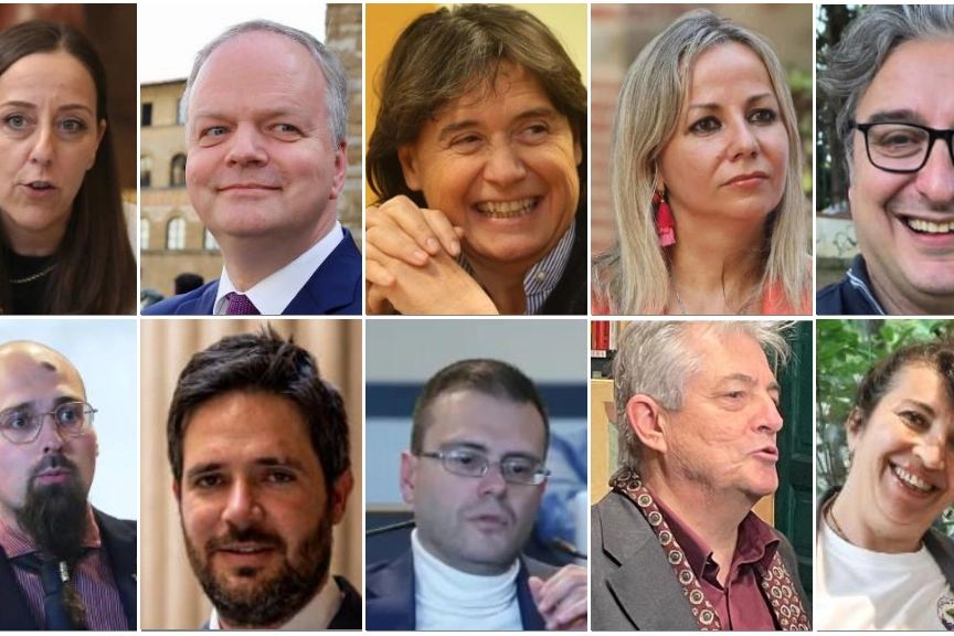 Da sin. in senso orario i candidati a sindaco di Firenze: Funaro, Schmidt, Saccardi, Del Re, Zini, Marrazza, De Giuli, Asciuti, Masi, Palagi