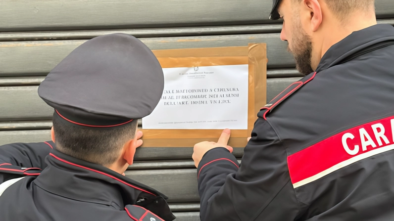 I carabinieri mentre affiggono il provvedimento di chiusura per 15 giorni I carabinieri mentre affiggono il provvedimento di chiusura per 15 giorni