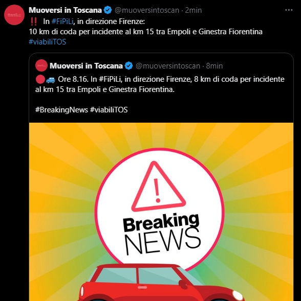La segnalazione dell'incidente sul portale Muoversi in Toscana