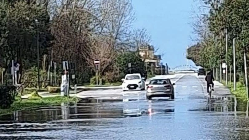 Uno dei recenti allagamenti sul viale kennedy che fanno infuriare residenti e commercianti di Torre del Lago
