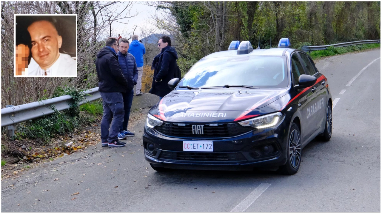 I carabinieri sul posto dove è stato ritrovato il corpo di Enrico Albero (nel riquadro, foto dal profilo Facebook)