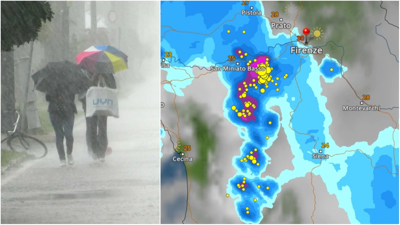 I temporali e il maltempo che hanno attraversato gran parte della Toscana nella giornata di domenica 18 agosto. (Foto Umicini, grafico Meteo & Radar)