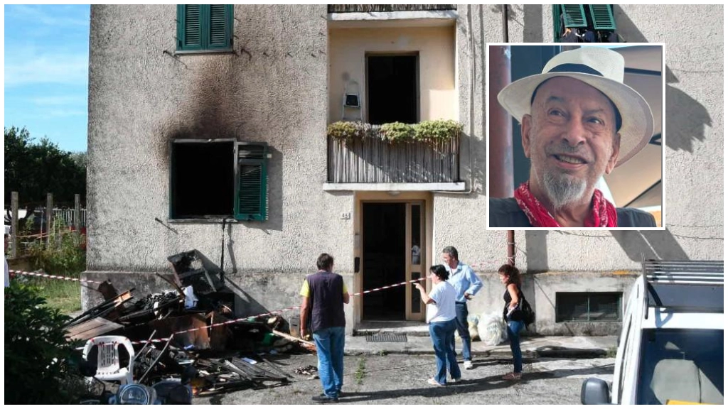 La casa andata a fuoco e, nel riquadro, la vittima. Era un parrucchiere conosciuto La casa andata a fuoco e, nel riquadro, la vittima. Era un parrucchiere conosciuto