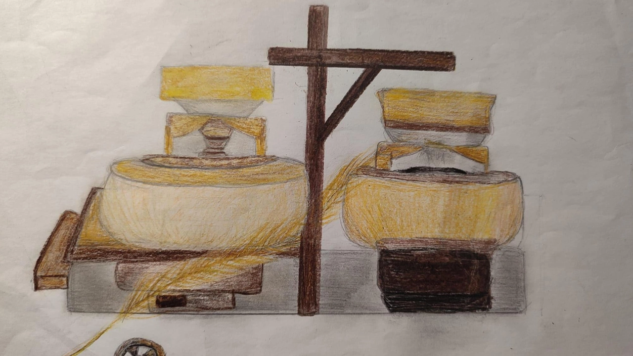Nel disegno realizzato dagli studenti, le macine di un antico mulino Nel disegno realizzato dagli studenti, le macine di un antico mulino