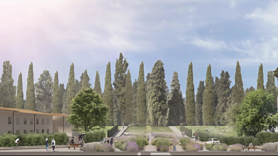 Sopra il rendering della nuova area del Pionta, sotto una zona del parco Sopra il rendering della nuova area del Pionta, sotto una zona del parco