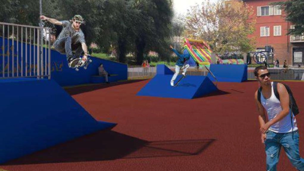 Uno disegno di come sarà realizzato lo skate park al centro del giardino Bella di Mai. Gli attuali giochi saranno spostati Uno disegno di come sarà realizzato lo skate park al centro del giardino Bella di Mai. Gli attuali giochi saranno spostati