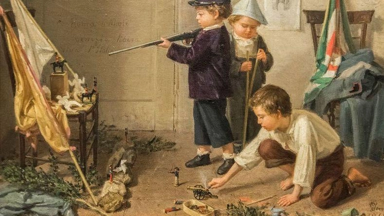 Gioacchino Toma, Piccoli patrioti. , dipinto del 1862, dalla Galleria Bentivegna di Montecatini, in mostra a Palazzo Cucchiari di Carrara nell’esposizione ’In gioco. Illusione e divertimento nell’arte italiana 1850-1950’, con 112 opere di 81 artisti, tra cui Silvestro Lega, Nomellini, Carrà, Casorati, Marino Marini, Sironi, Donghi Gioacchino Toma, Piccoli patrioti. , dipinto del 1862, dalla Galleria Bentivegna di Montecatini, in mostra a Palazzo Cucchiari di Carrara nell’esposizione ’In gioco. Illusione e divertimento nell’arte italiana 1850-1950’, con 112 opere di 81 artisti, tra cui Silvestro Lega, Nomellini, Carrà, Casorati, Marino Marini, Sironi, Donghi