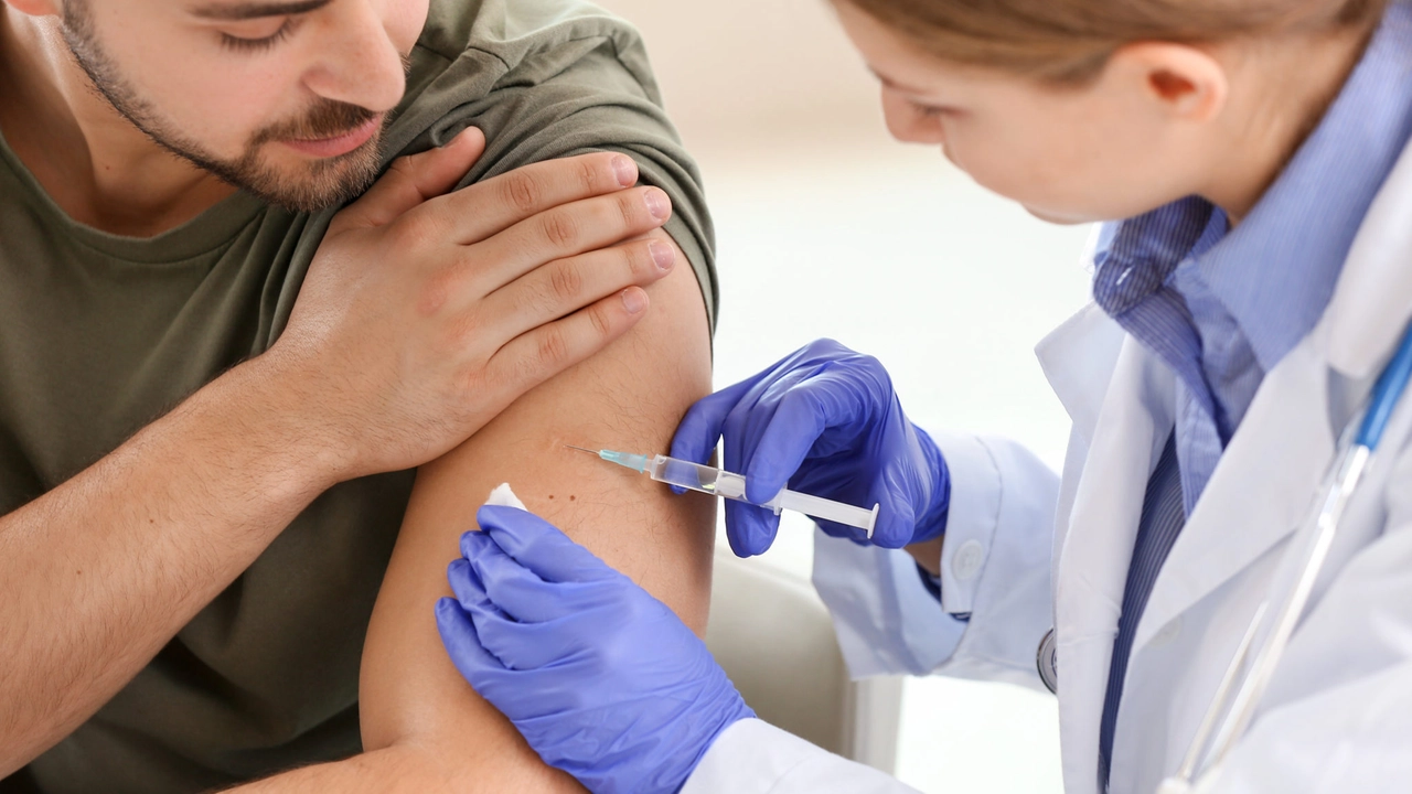 Doctor vaccinating young man in clinic Doctor vaccinating young man in clinic