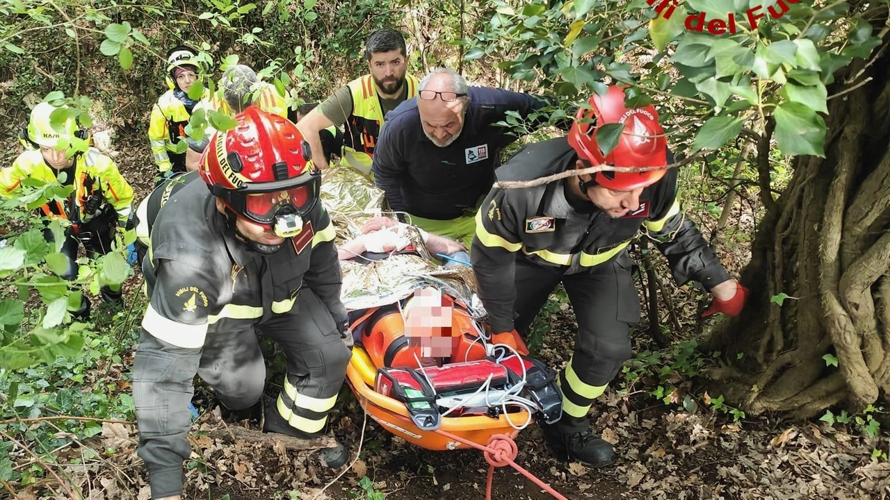 L'83enne è stato ritrovato dopo lunghe ricerche. In campo elicottero, droni, unità cinofile e decine di uomini: nella foto il momento del salvataggio(Foto vigili del fuoco)