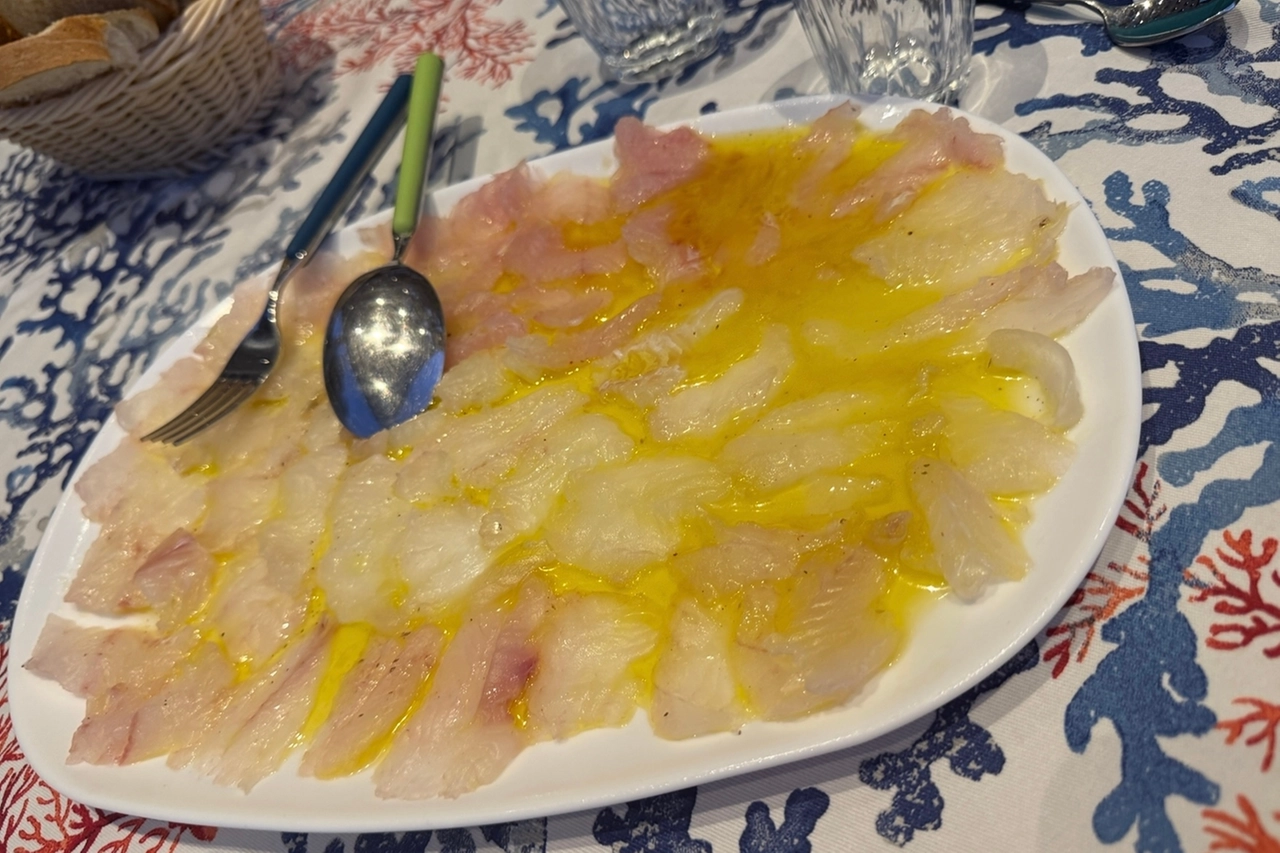 Carpaccio di pesce scorpione: il nome più corretto però è pesce leone. Il risultato non cambia: questa specie aliena invasiva ha invaso il Mediterraneo, in Grecia viene pescato e messo in tavola (foto Enzo Toja)