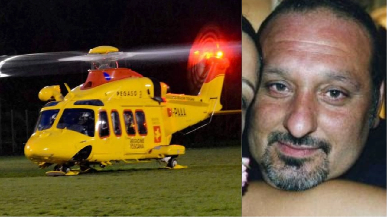 L'elicottero Pegaso e una foto di Massimiliano Pecorini, morto nel bosco travolto da un albero che stava tagliando L'elicottero Pegaso e una foto di Massimiliano Pecorini, morto nel bosco travolto da un albero che stava tagliando
