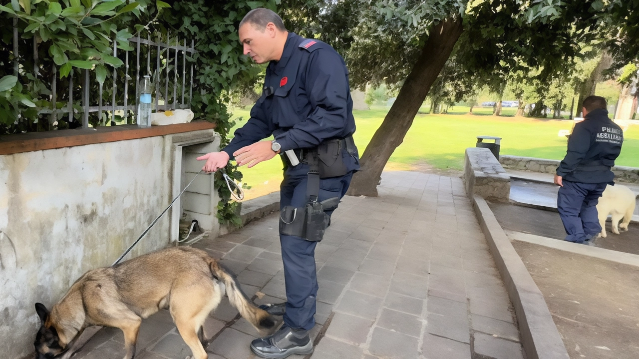 Gli agenti della municipale insieme all’unità cinofila impegnati in un controllo Gli agenti della municipale insieme all’unità cinofila impegnati in un controllo