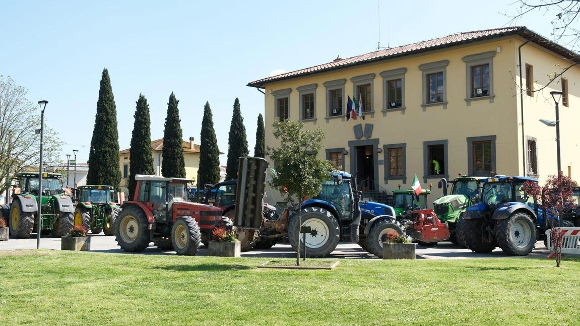 I trattori ieri pomeriggio sotto al palazzo comunale di Porcari (. foto Alcide
