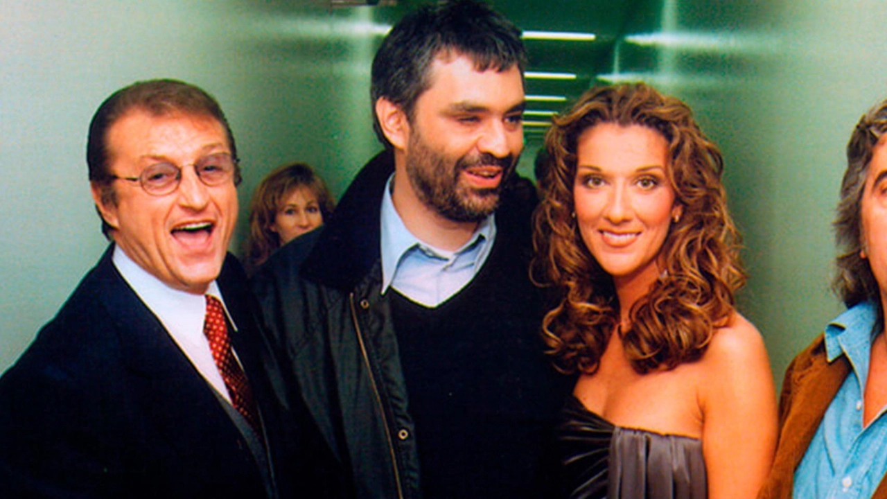 In alto a sinistra Torpedine con Celine Dion, Andrea Bocelli e Tony Renis. Qui a sinistra il manager con il Volo