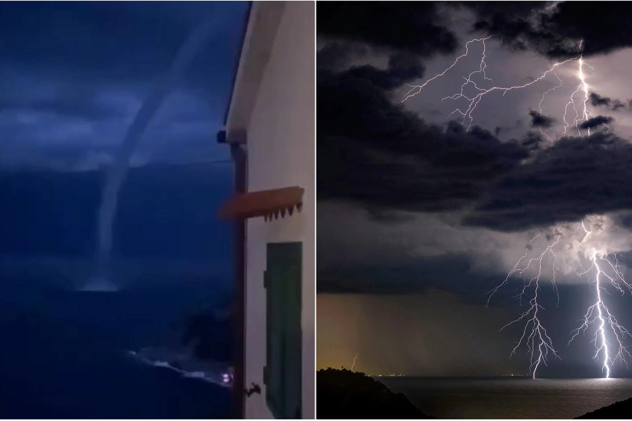 L'impressionante tromba marina all'Elba e i fulmini (Foto di Alessandro Erega e Federica Martelli ricondivise da Eugenio Giani)