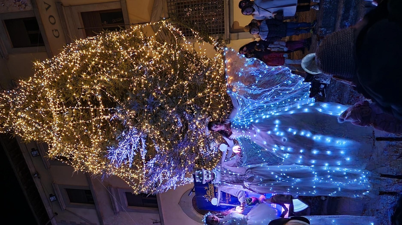 In foto il grande albero di Natale in Piazzo Duomo con le Farfalle Luminose sui trampoli In foto il grande albero di Natale in Piazzo Duomo con le Farfalle Luminose sui trampoli