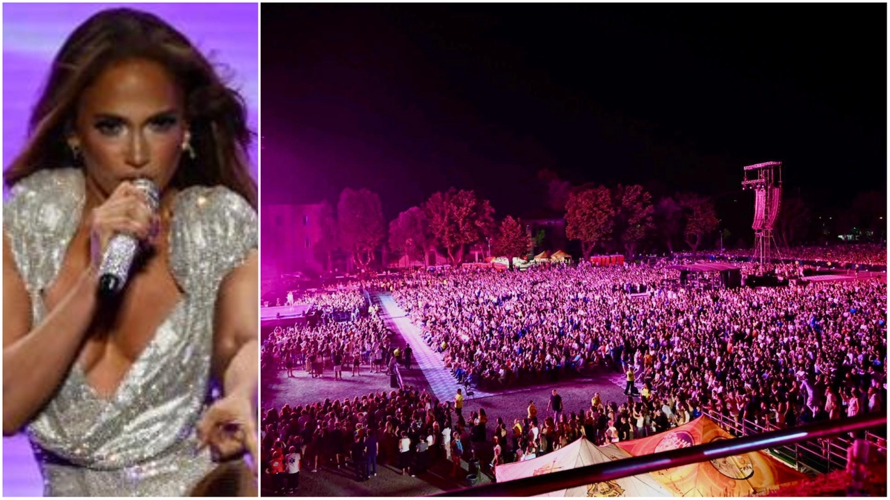 Jennifer Lopez a Lucca e un momento del concerto: platea stracolma, 18mila presenze (Foto Alcide)