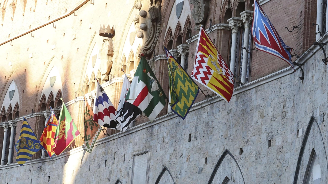 Le bandiere delle dieci Contrade che correranno il Palio di luglio esposte alle trifore dopo l’estrazione di domenica Le bandiere delle dieci Contrade che correranno il Palio di luglio esposte alle trifore dopo l’estrazione di domenica