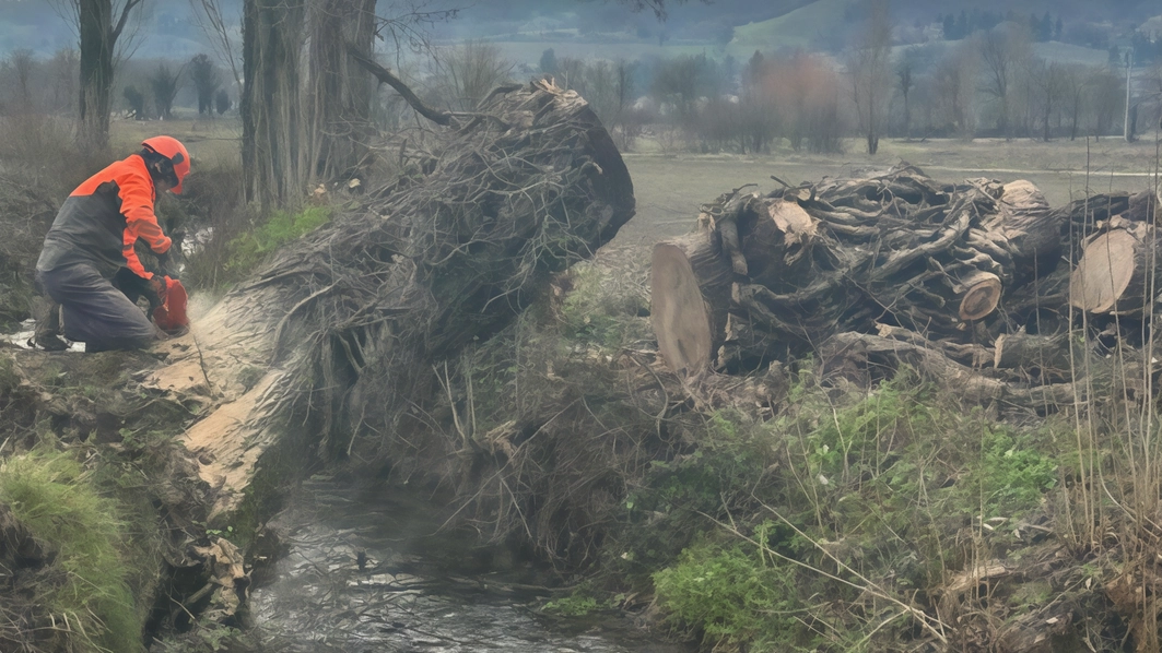 Un grosso albero crollato sotto l’effetto del vento aveva rischiato di ostruire un tratto del reticolo idrografico in piena campagna fra Sansepolcro e Anghiari