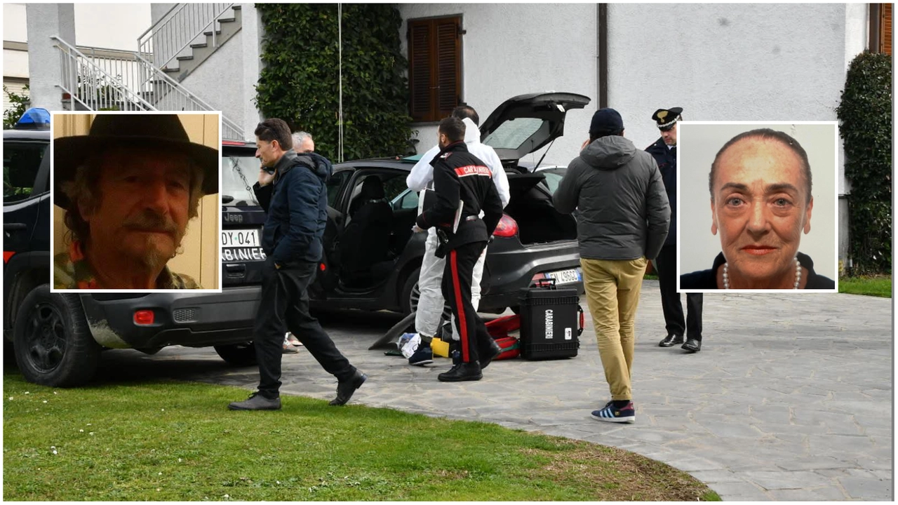 Le indagini dei carabinieri nella casa dove è avvenuta la tragedia (Foto Nizza) e, nei riquadri, marito e moglie trovati morti: Alberto Maghelli e Tilde Buffoni