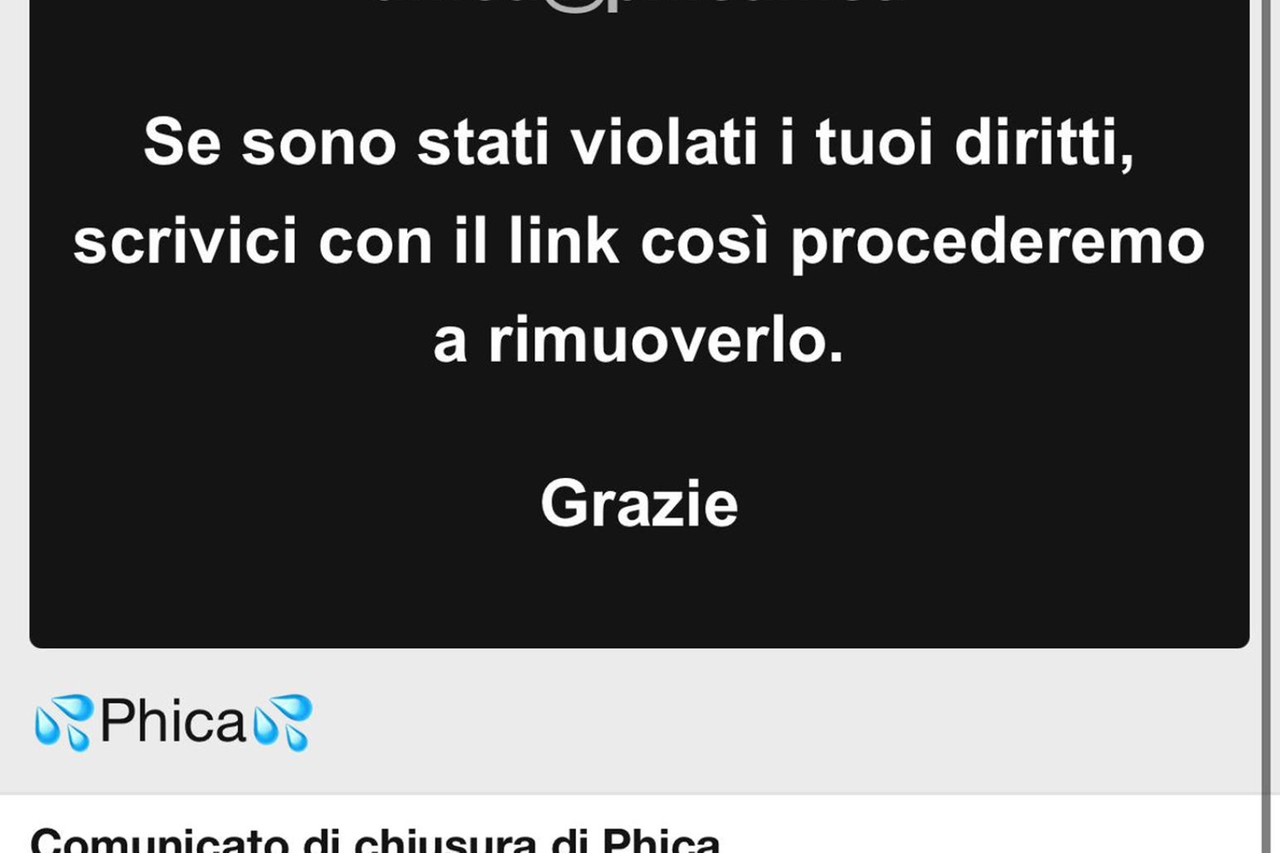 La comunicazione diffusa online dai gestori del forum Phica.net con cui gli utenti vengono avvisati della rimozione di tutti i contenuti, 28 agosto 2025