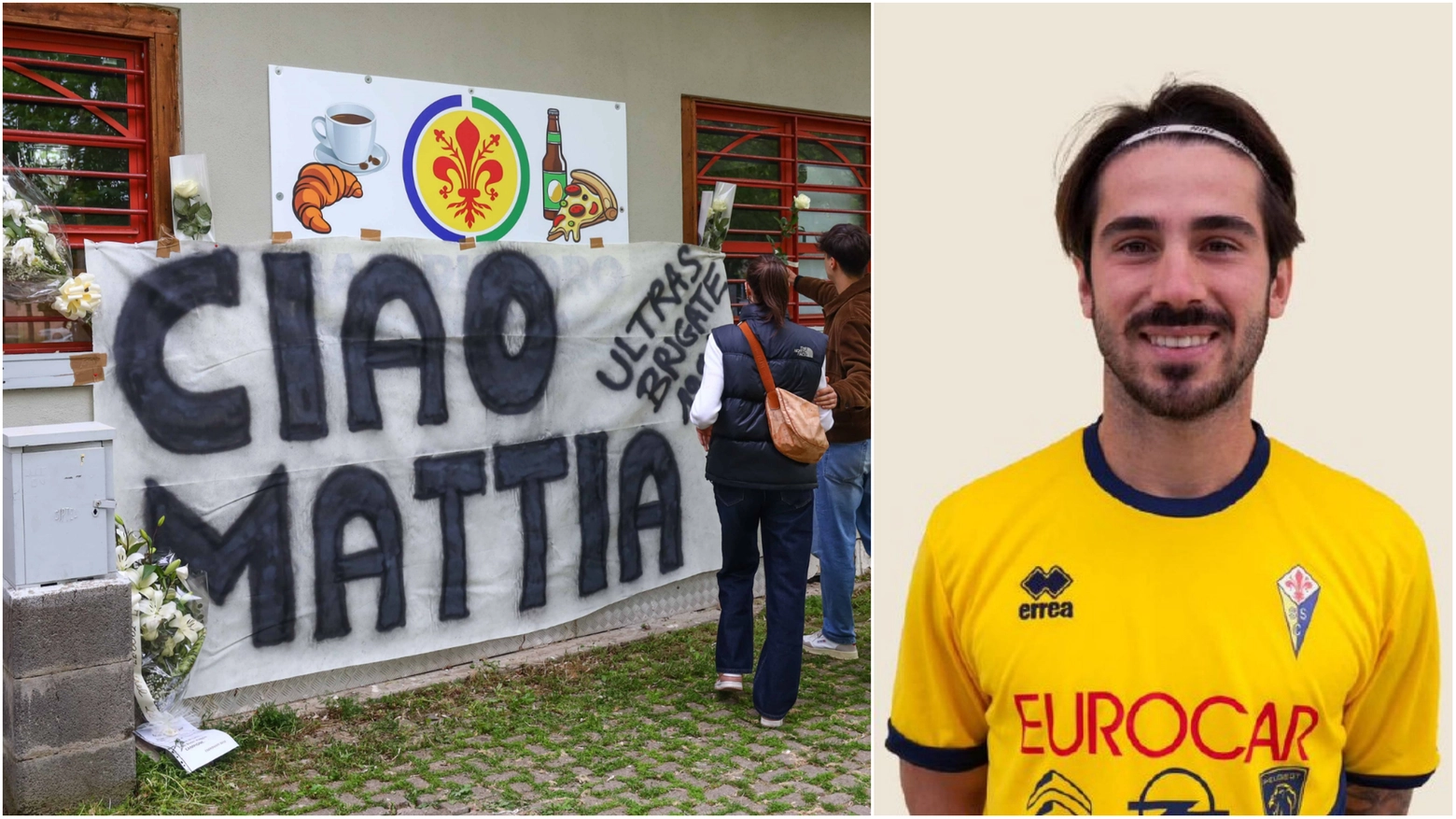 Lo striscione per Mattia Giani (a destra) allo stadio Riccardo Neri di Castelfiorentino (Foto Germogli)