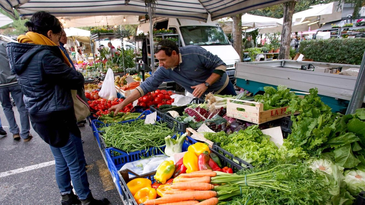 Uno scatto che mostra i banchi del mercato in piazza Togliatti