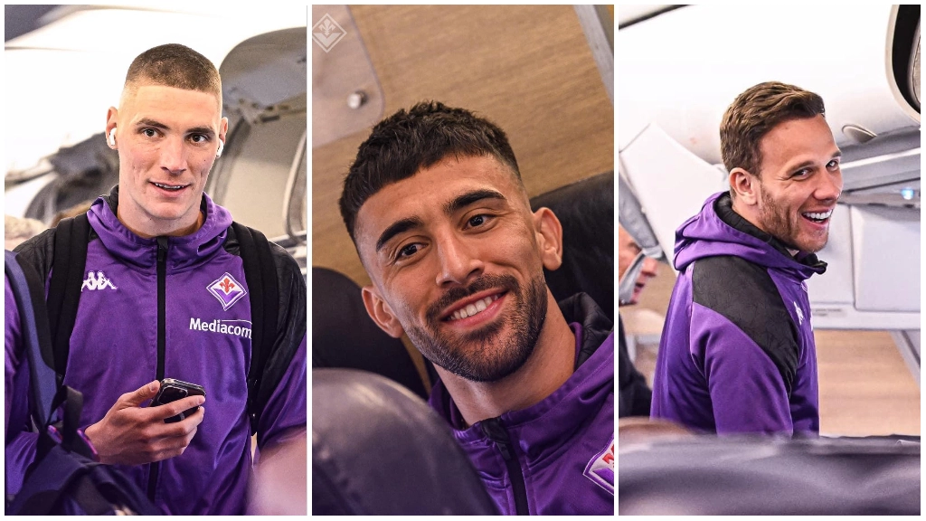 Da sinistra Milenkovic, Gonzalez e Arthur in aereo direzione Belgio (Fonte: Acf Fiorentina)