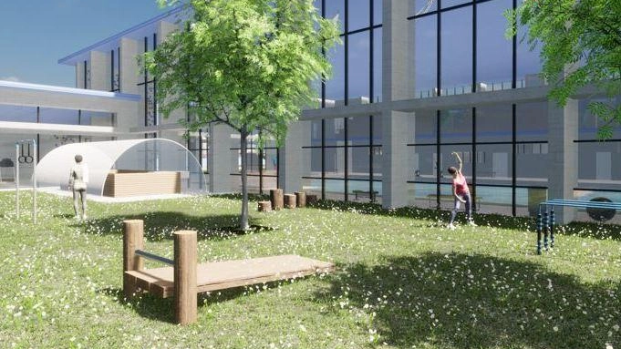 Il rendering della piscina comunale ’Frati’ del capoluogo che dovrebbe diventare un polo per lo sport inclusivo Il rendering della piscina comunale ’Frati’ del capoluogo che dovrebbe diventare un polo per lo sport inclusivo