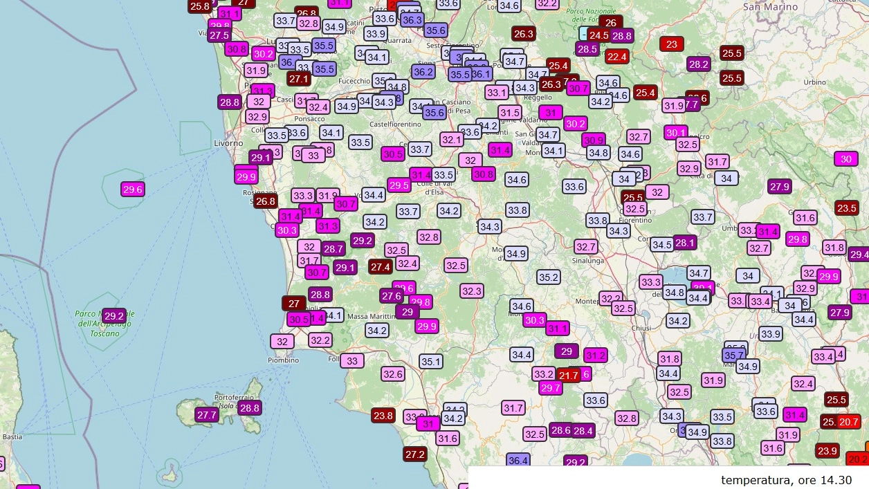Più sono rossi i simboli che riportano le temperature, più sono sopra la media. Foto del Lamma Più sono rossi i simboli che riportano le temperature, più sono sopra la media. Foto del Lamma