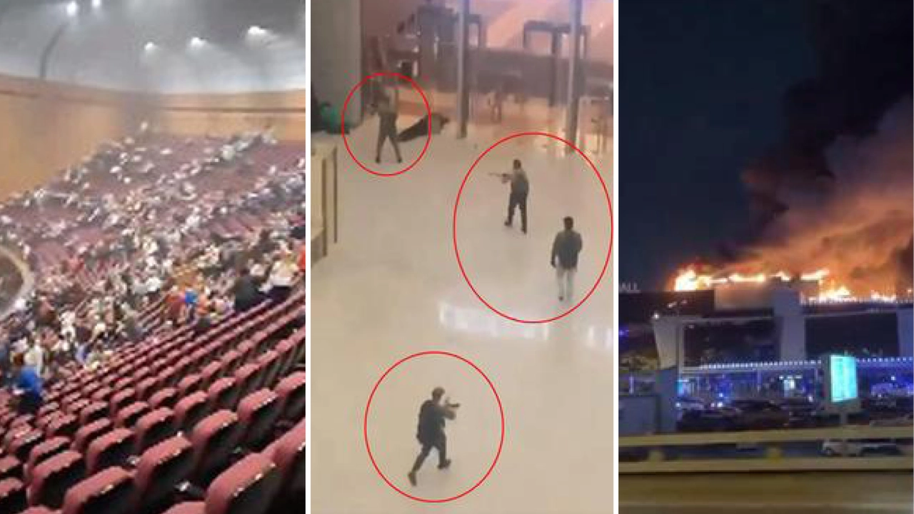 Alcuni fotogrammi dell'attacco alla Crocus City Hall. Da destra: civili russa in fuga dalla sparatoria; i quattro attentatori identificati fino a questo momento; l'edificio in fiamme