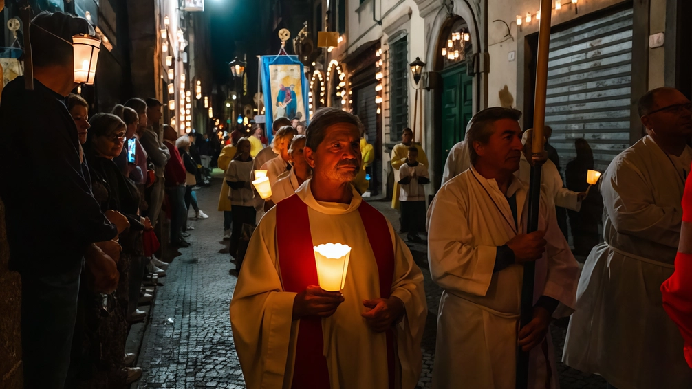 Il passaggio della processione nel cuore della città, attraverso le vie che di giorno sono il cuore dello shopping