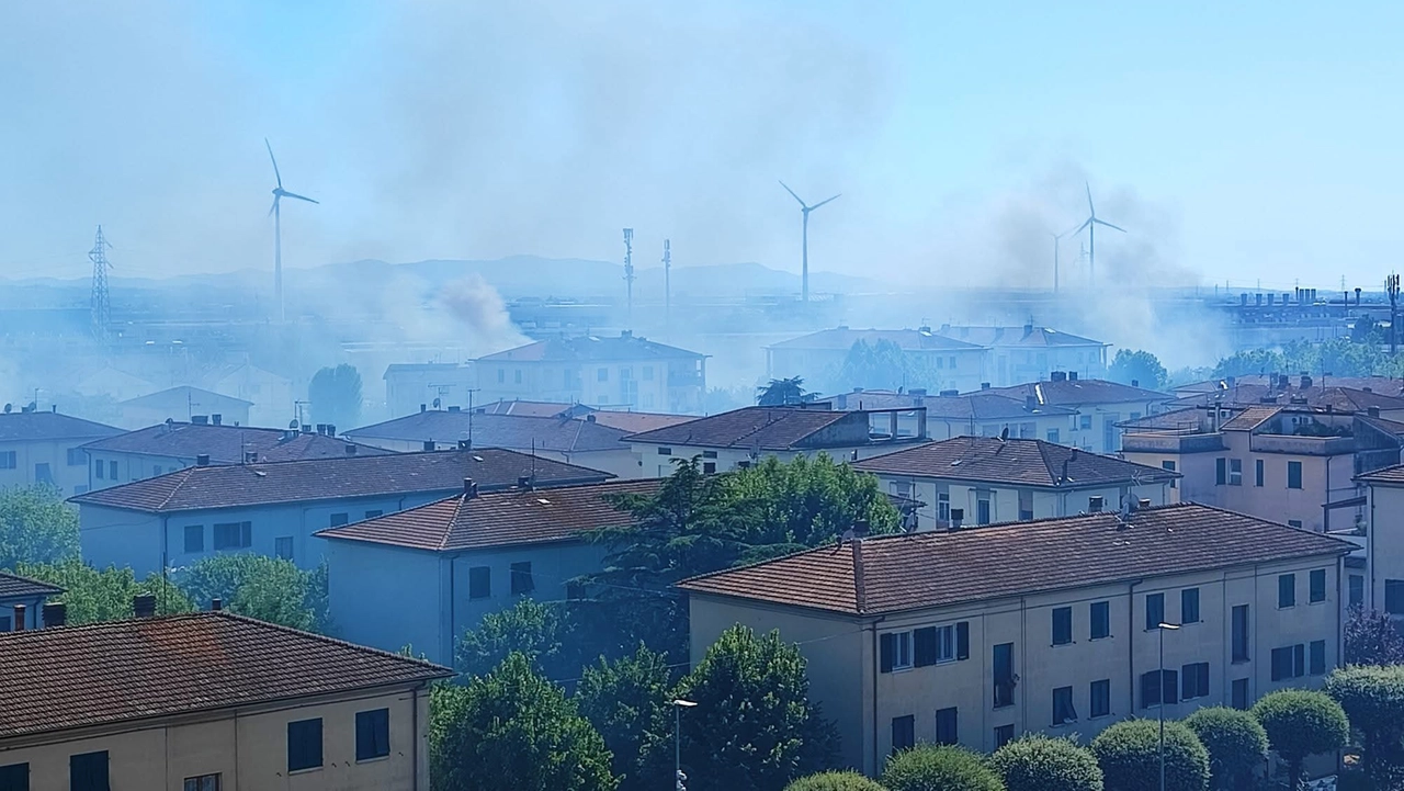 Una vista dall’alto dell'incendio divampato nei pressi dei binari a Pontedera (foto presa da Facebook)