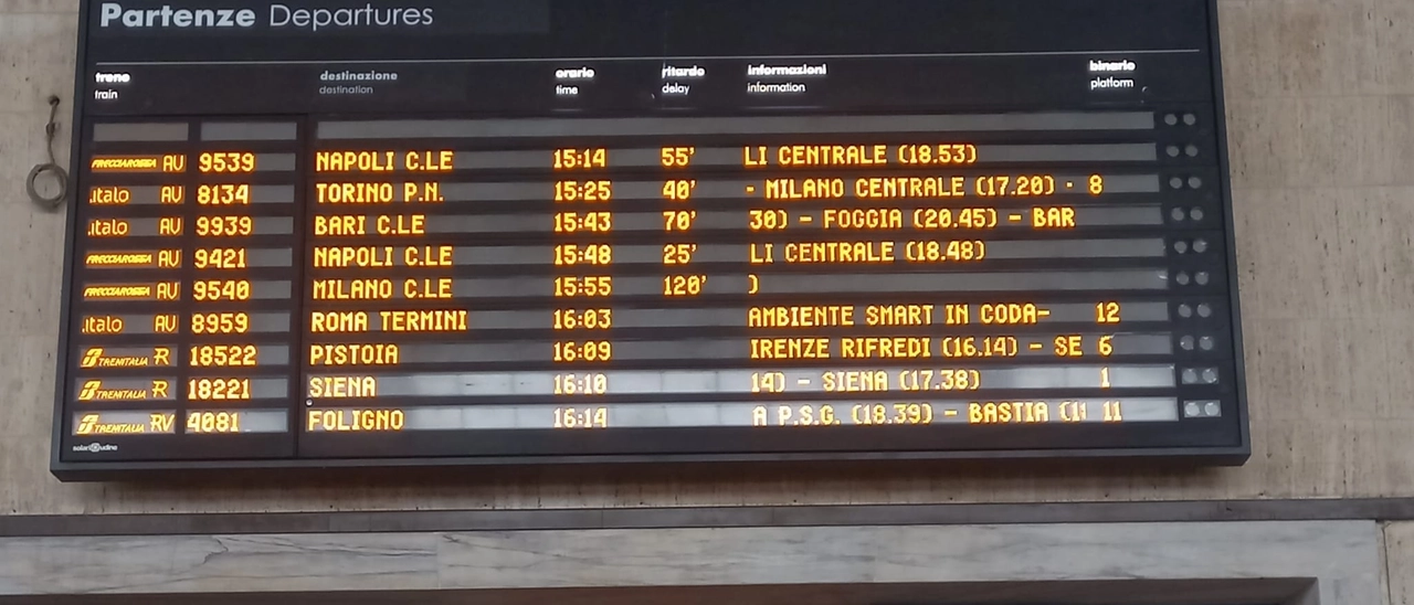 Caos martedì 17 giugno per un guasto alla linea Alta Velocità Napoli-Roma. Nella foto il tabellone degli orari alla stazione Santa Maria Novella di Firenze