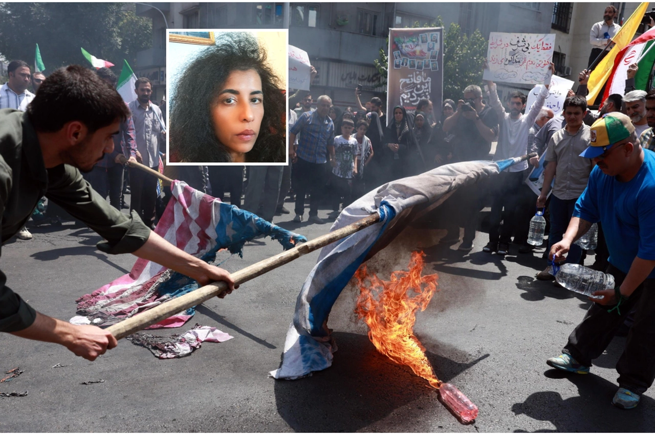 Manifestazione a Teheran in cui vengono bruciate le bandiere di Israele e degli usa, nel riquadro Parisa Arefi Doost