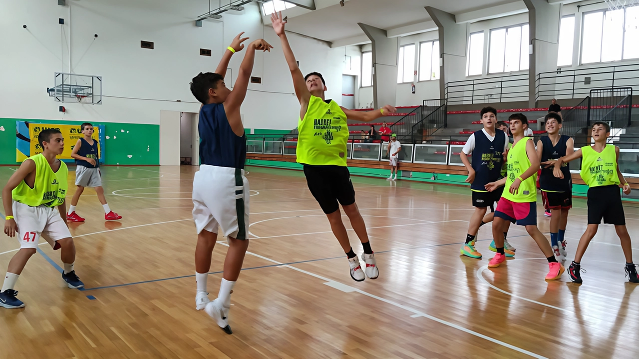 Alcuni giocatori si sfidano sul parquet del PalAramini durante la Basket Marathon Alcuni giocatori si sfidano sul parquet del PalAramini durante la Basket Marathon
