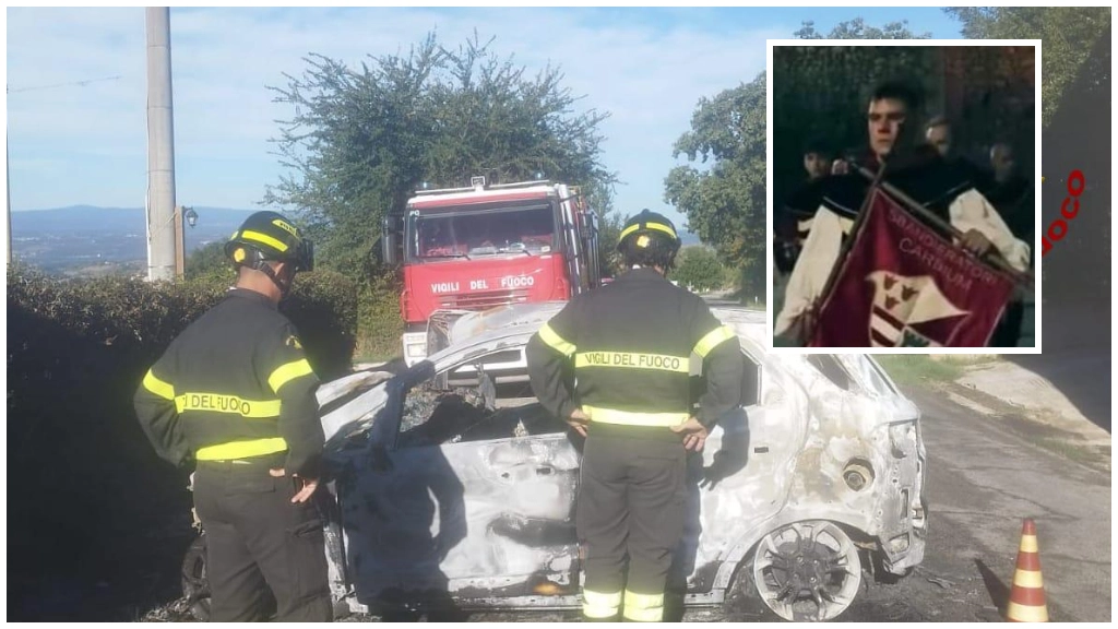 La scena dell'incidente (Fonte vigili del fuoco) e nel riquadro la vittima, Francesco Caraffa La scena dell'incidente (Fonte vigili del fuoco) e nel riquadro la vittima, Francesco Caraffa