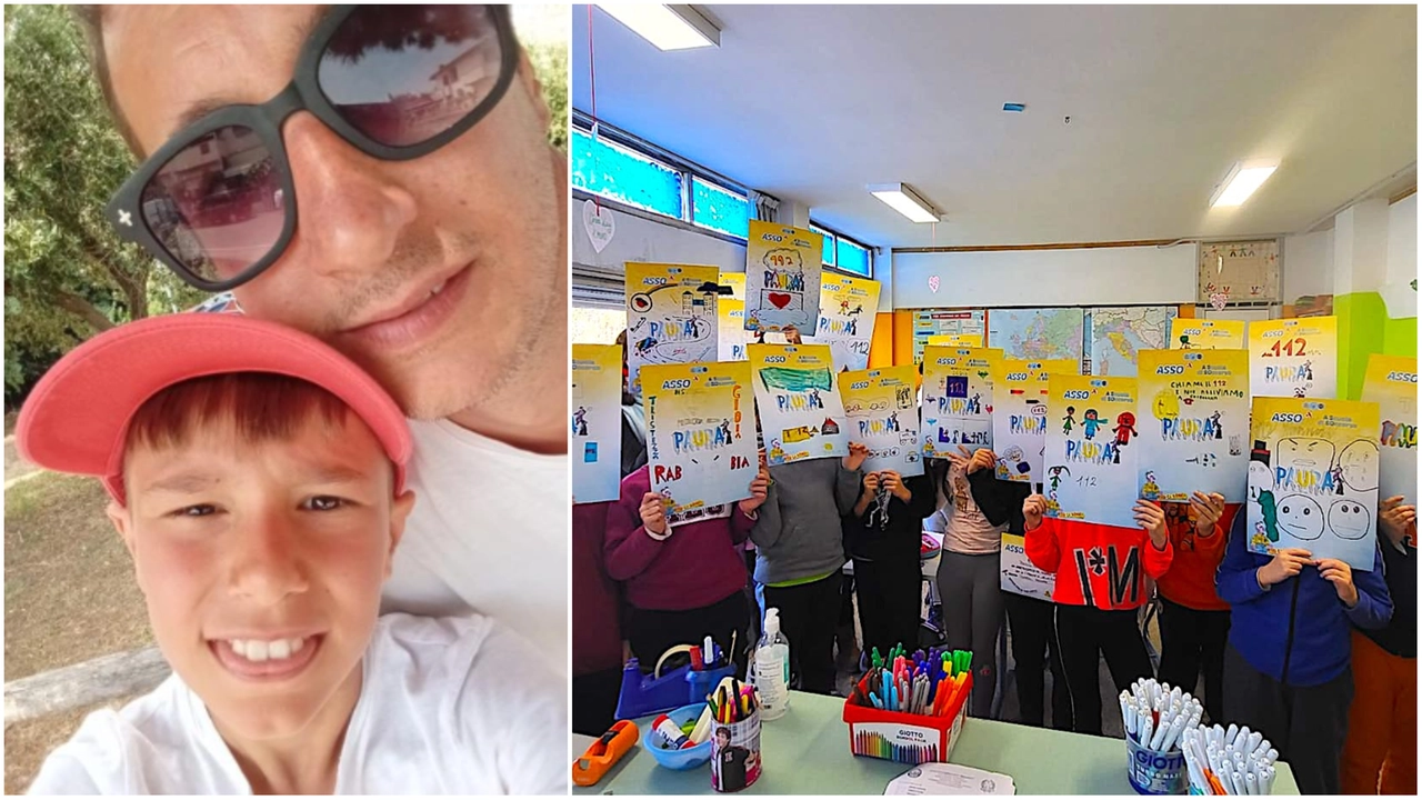 A sinistra Francesco Boncompagni e il figlio Gioele. A destra i corsi della Misericordia a scuola