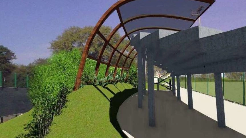 Il rendering della copertura della tribuna. del campo sportivo Benelli Il rendering della copertura della tribuna. del campo sportivo Benelli