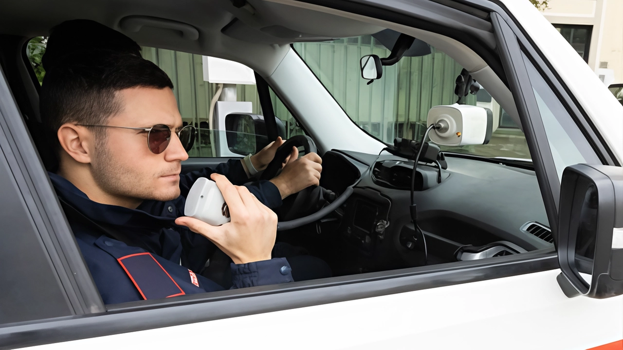 Una pattuglia della polizia municipale con il. dispositivo installato Una pattuglia della polizia municipale con il. dispositivo installato