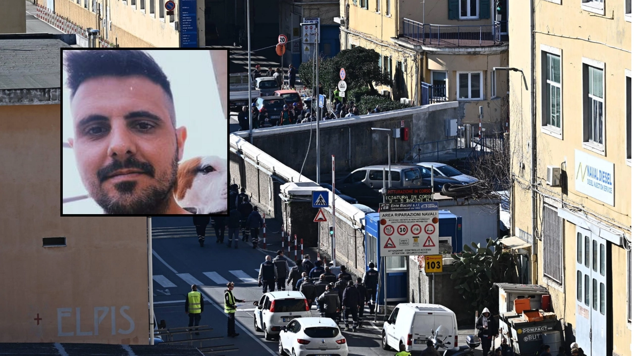 La zona dell'ente Bacini di Genova (Ansa); nel riquadro, Lorenzo Bertanelli, 36 anni, dipendente della ditta Mecline di Carrara