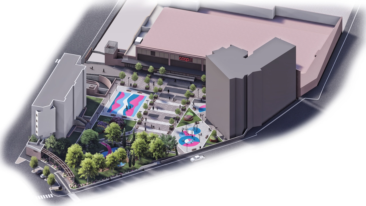 Il rendering del progetto Terza piazza nello spazio antistante la Coop in piazza Leopoldo Il rendering del progetto Terza piazza nello spazio antistante la Coop in piazza Leopoldo