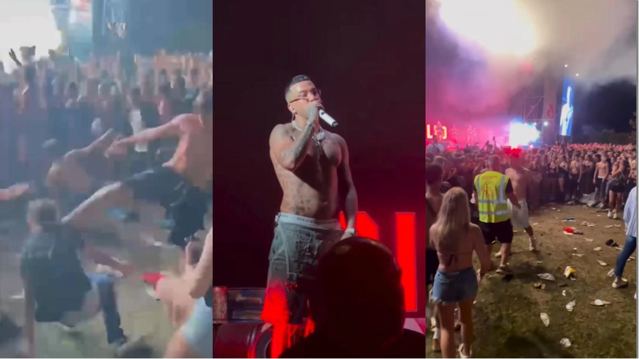 Rissa al concerto di Sfera Ebbasta al Cinquale. A sinistra il momento in cui un ragazzino viene raggiunto da un calcio in testa. L'artista interrompe l'esibizione