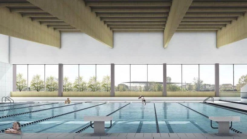 Il rendering della piscina che il Comune vuole realizzare nel quartiere di Bicchio Il rendering della piscina che il Comune vuole realizzare nel quartiere di Bicchio