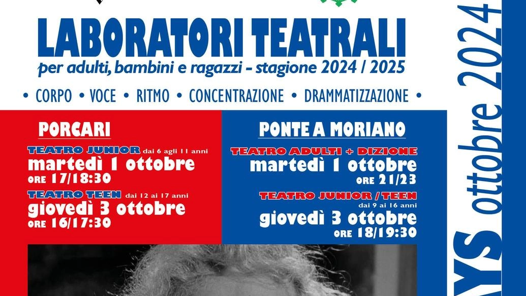 La Cattiva Compagnia offre due giorni di porte aperte e prove gratuite per i corsi di teatro a Lucca. Le sessioni si terranno presso la Croce Verde di Ponte a Moriano e l’Auditorium Vincenzo Da Massa Carrara a Porcari il 1 e 3 ottobre. La Cattiva Compagnia offre due giorni di porte aperte e prove gratuite per i corsi di teatro a Lucca. Le sessioni si terranno presso la Croce Verde di Ponte a Moriano e l’Auditorium Vincenzo Da Massa Carrara a Porcari il 1 e 3 ottobre.