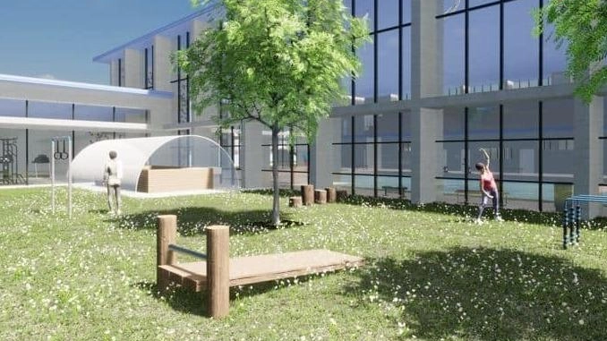 Il rendering della piscina comunale ’Frati’ del capoluogo che dovrebbe diventare un polo attrezzato per le persone con disabilità