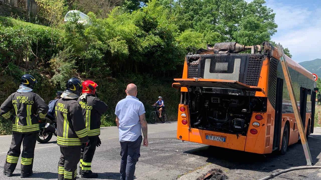 L'autobus che ha preso fuoco: intervento dei vigili del fuoco per lo spegnimento (Foto Delia) L'autobus che ha preso fuoco: intervento dei vigili del fuoco per lo spegnimento (Foto Delia)