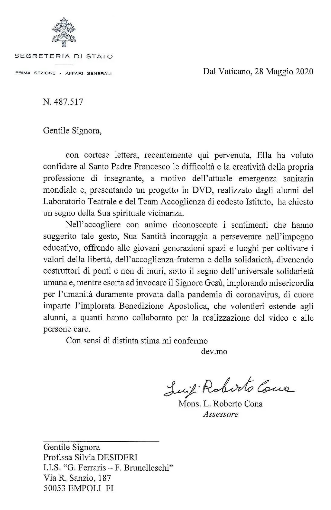 La lettera per il Santo Padre. Quando il Papa incoraggiò gli studenti in lockdown