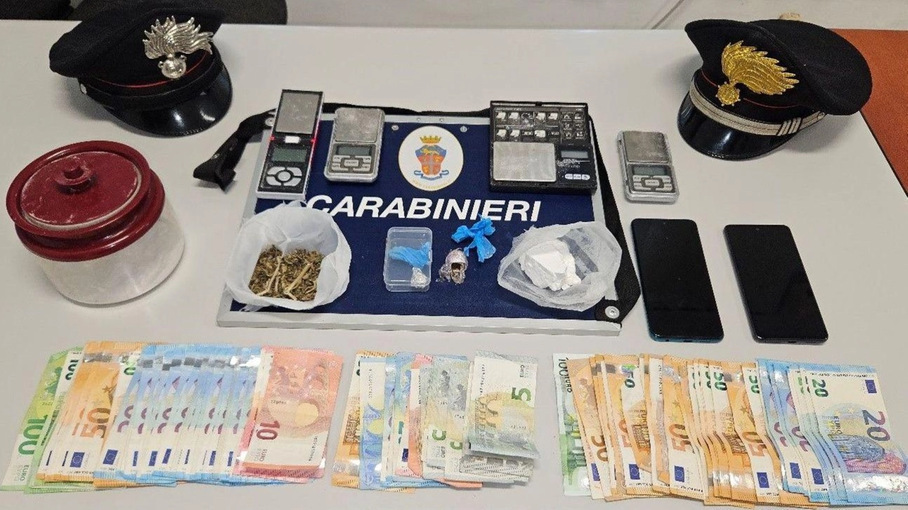 La droga e i soldi sequestrati dai carabinieri in occasione del blitz. all’alba condotto dai militari della stazione di Seravezza con le unità cinofile